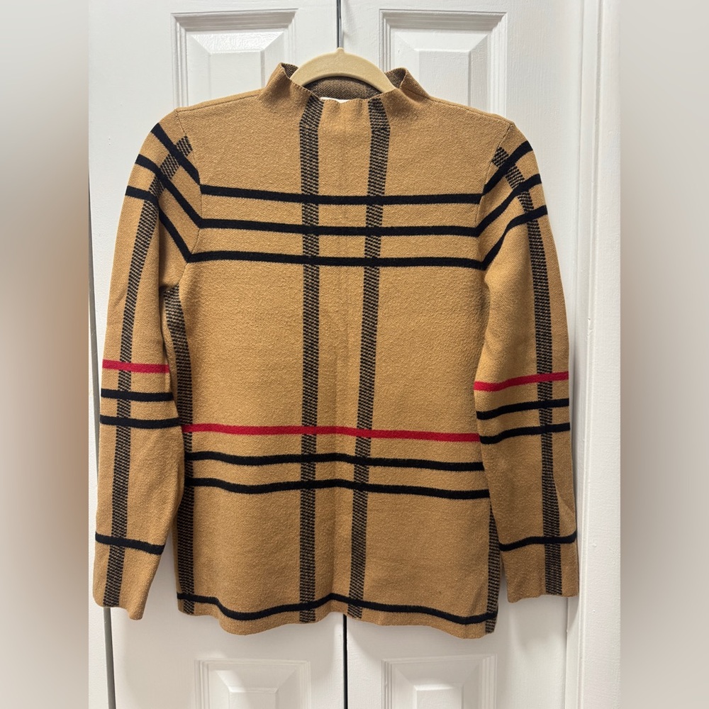 Camel Checkered Sweater with Black and Red Stripes
